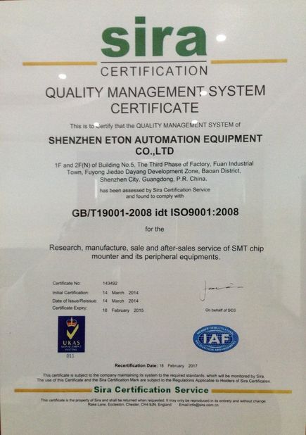 LA CHINE Shenzhen Eton Automation Equipment Co., Ltd. Certifications